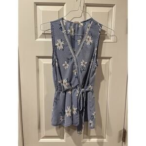 Sienna Sky sz M Ladies dressy top polyester blue white stripe crochet tie floral